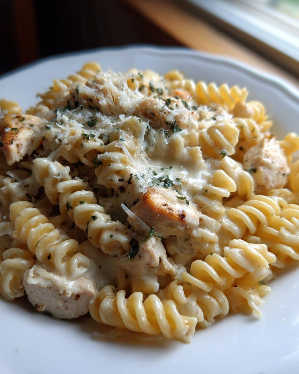 Close-up of cheesy chicken pasta made with rotini noodles, topped with grated Parmesan and parsley.