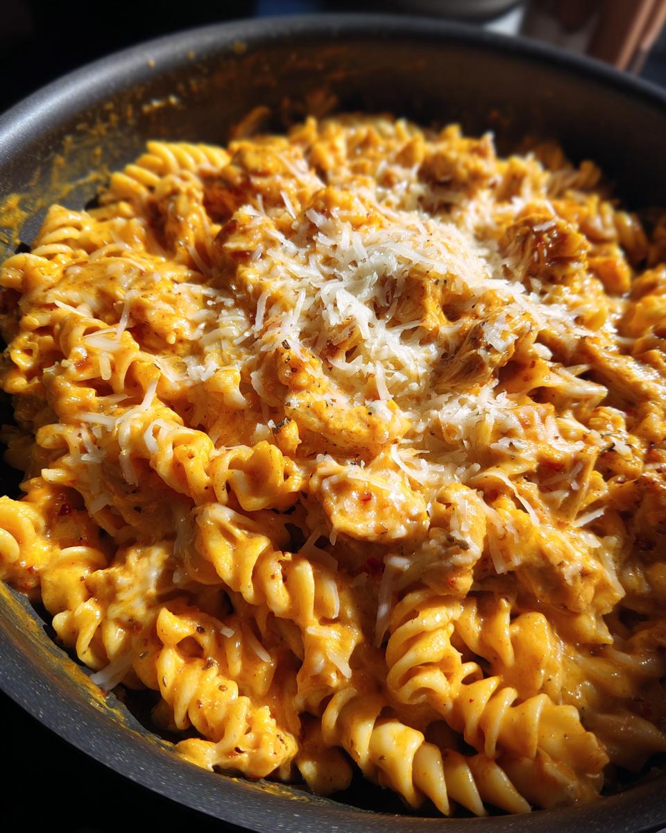 A close-up shot of creamy, orange-sauced cheesy chicken pasta with rotini noodles, topped with grated Parmesan cheese.