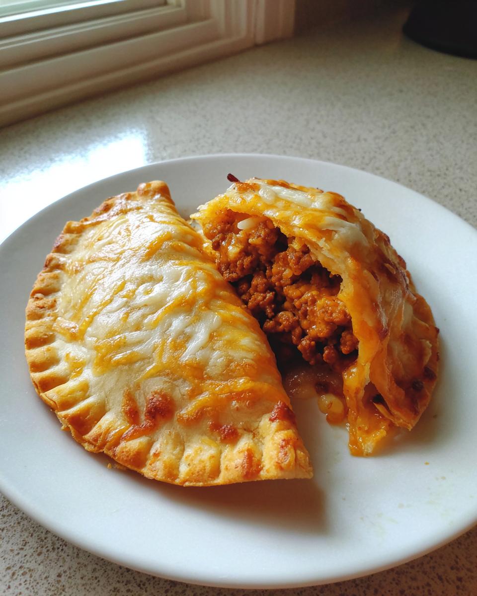 One cheesy pocket tacos cut in half showing savory ground meat filling, topped with melted cheese.
