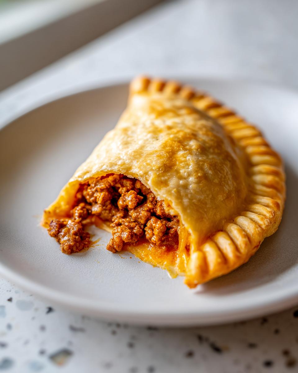 A golden-brown, baked cheesy pocket taco broken open to show the savory, seasoned ground meat filling inside.