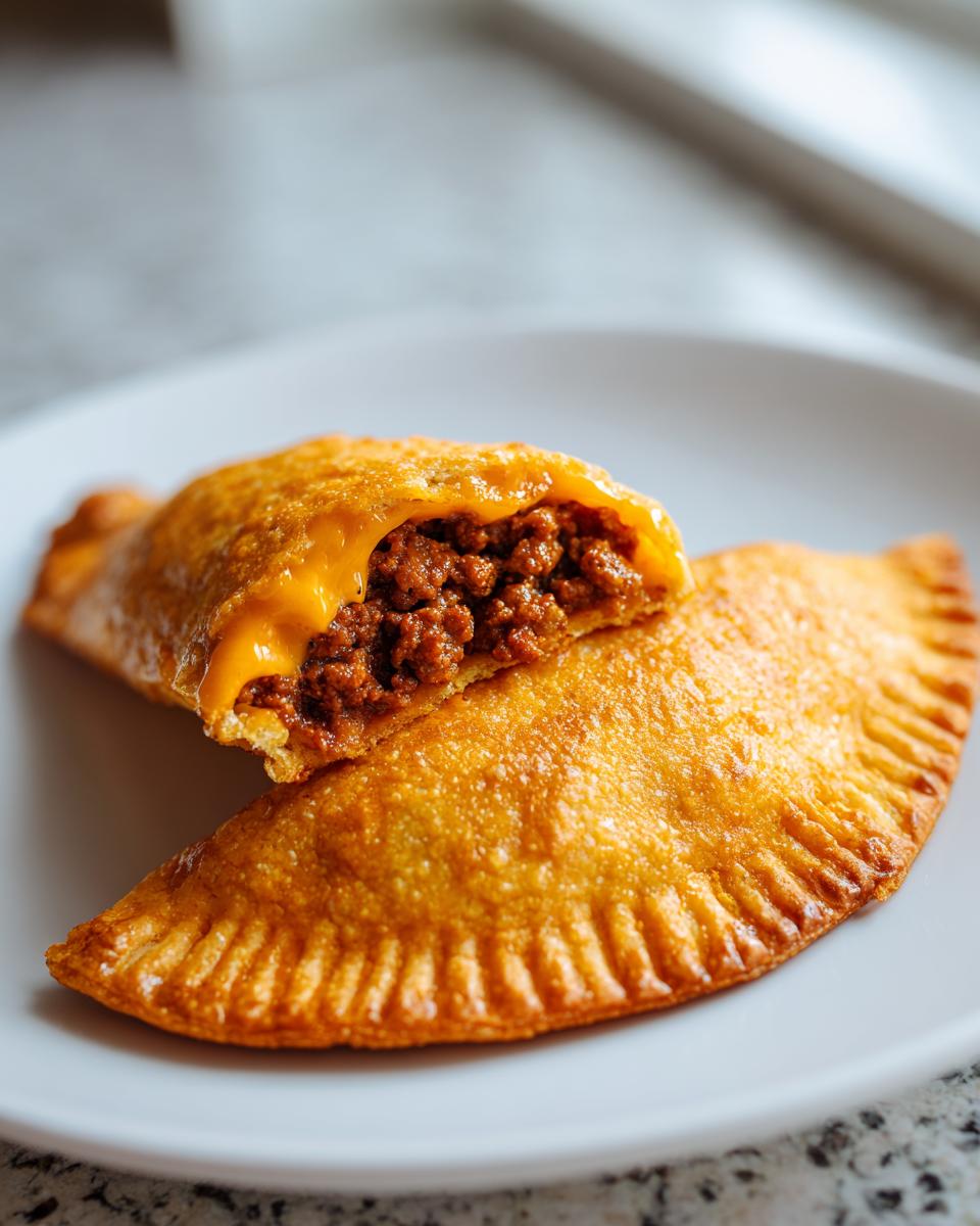 Two golden-brown, fried cheesy pocket tacos on a white plate, one cut open revealing seasoned ground beef and melted cheese.