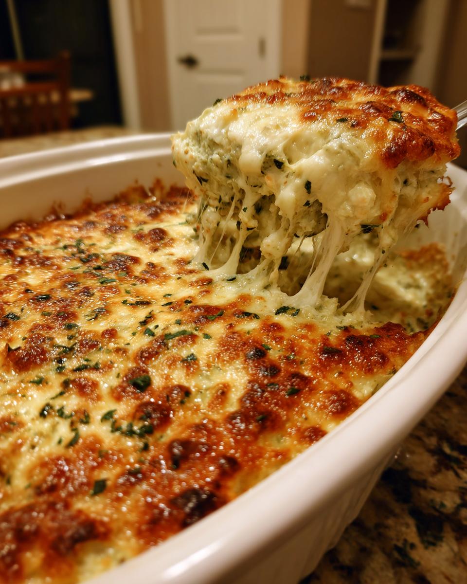 A scoop of hot, cheesy spinach artichoke dip being lifted from a baking dish, showing long cheese pulls.