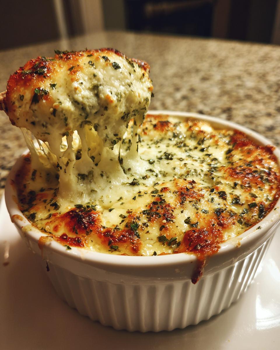 A spoonful of hot, cheesy spinach artichoke dip being pulled from a white ramekin, showing long cheese strings.
