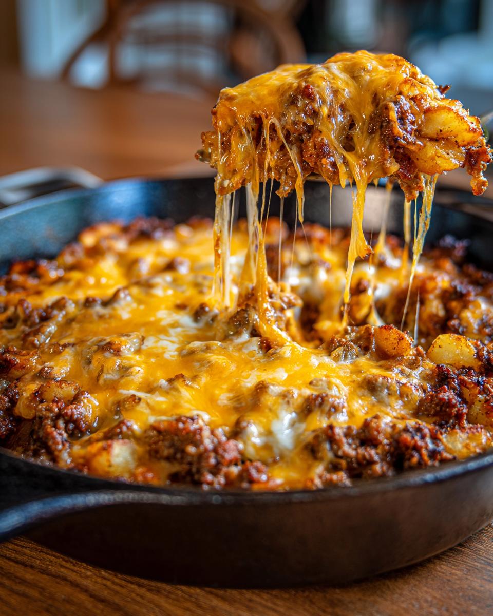 A spoonful of Cheesy Taco Potatoes lifted from a cast iron skillet, showing long, melted cheese strings.