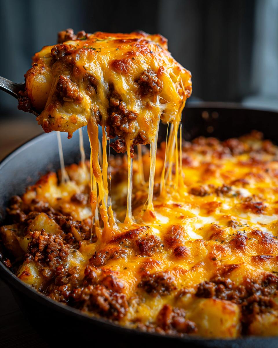 A serving spoon lifts a portion of Cheesy Taco Potatoes, showing long strings of melted cheese stretching from the skillet.
