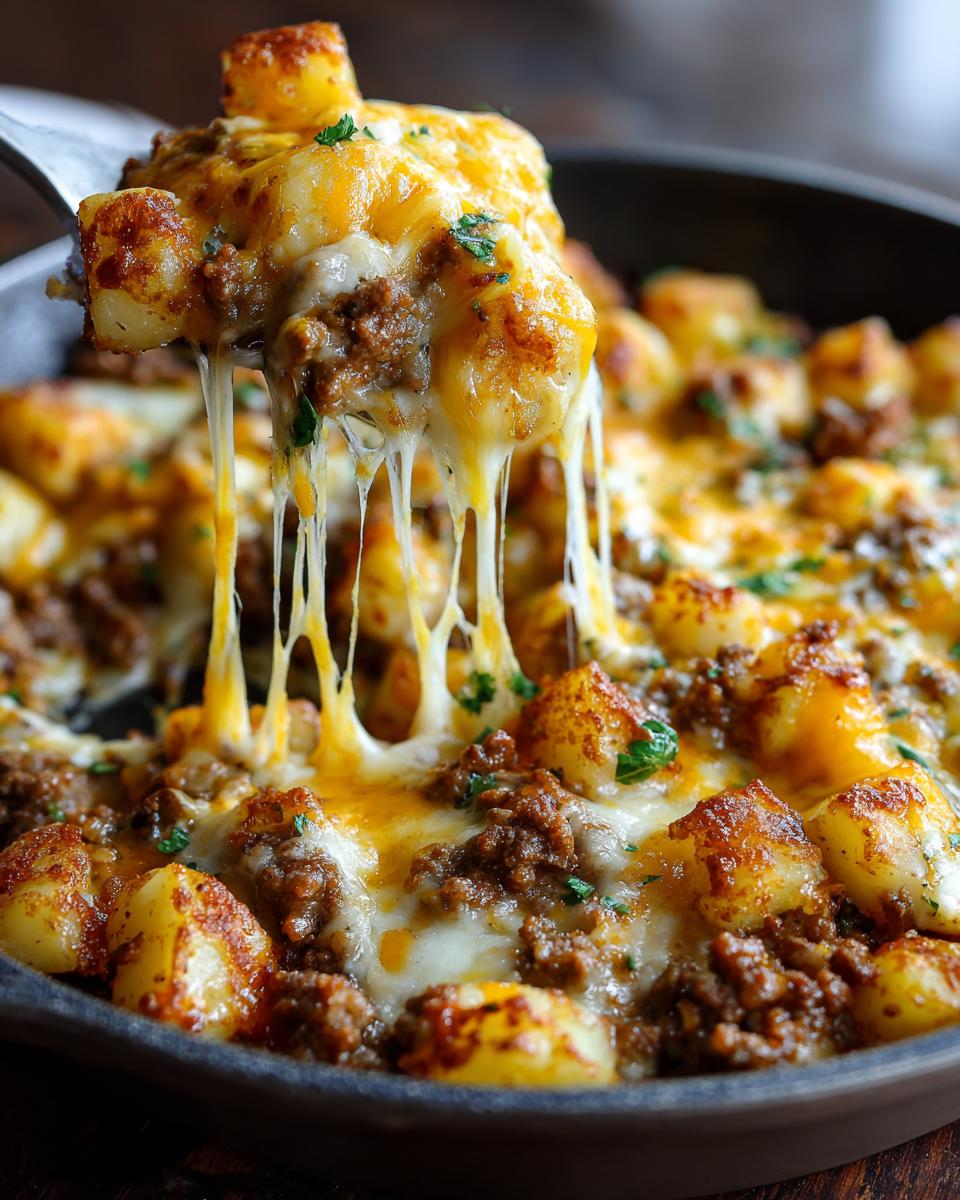 A fork lifting a serving of Cheesy Taco Potatoes, showing a dramatic cheese pull over seasoned ground meat and roasted potatoes.