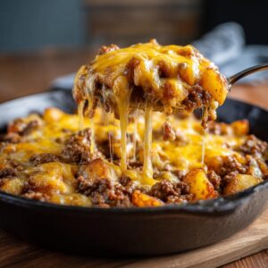 A spoonful of Cheesy Taco Potatoes showing a dramatic cheese pull over a cast iron skillet.