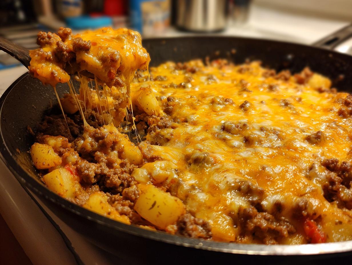 A spoonful of Cheesy Taco Potatoes being lifted from a skillet, showing melted, stringy cheese over seasoned ground beef and potatoes.