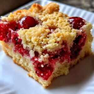Close-up of a square slice of cherry dump cake showing bright red cherries and crumb topping.