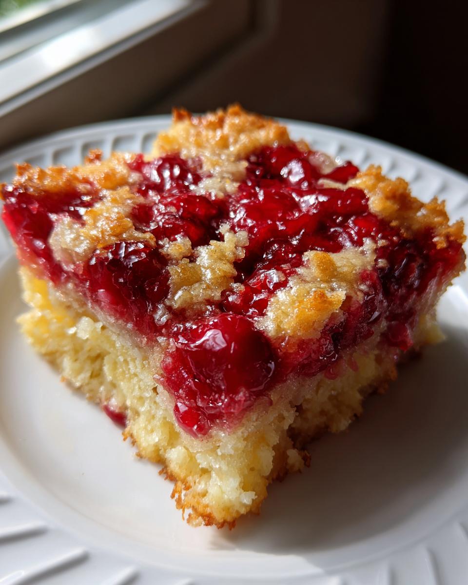 Close-up of a square slice of cherry dump cake showing a moist yellow cake base and bright red cherry topping.