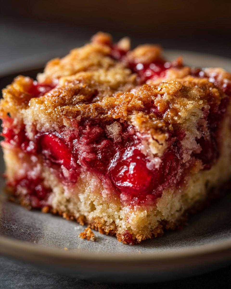 A close-up, macro shot of a single serving of cherry dump cake showing the moist cake base and bright red cherry filling.