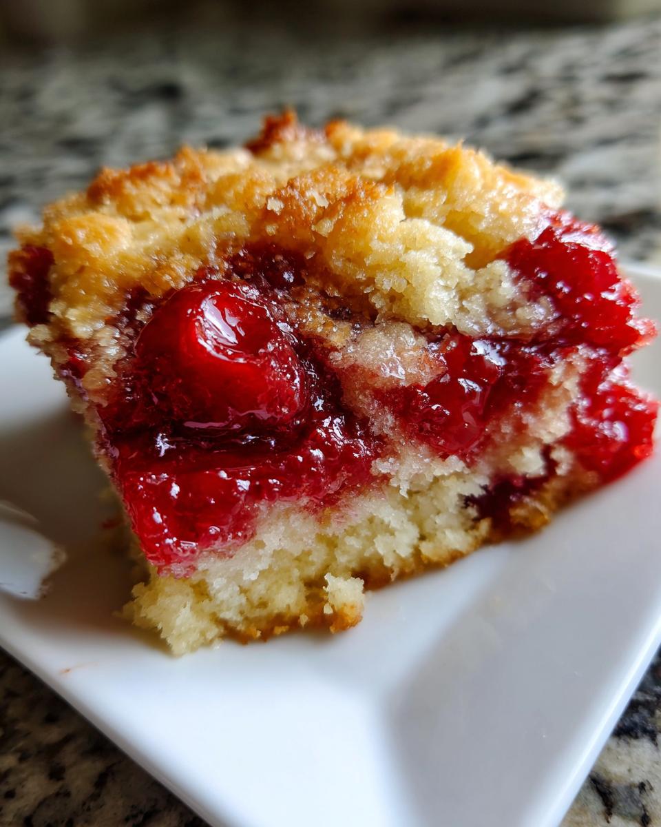 A close-up shot of a square slice of cherry dump cake showing the bright red cherry filling and crumbly topping.