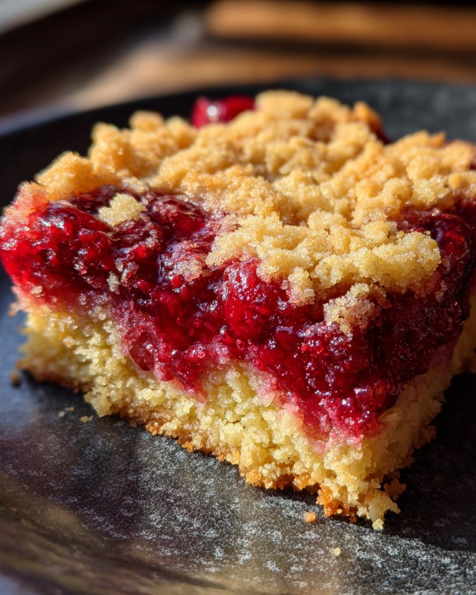 A close-up, sunlit slice of cherry dump cake showing a bright red cherry filling and a golden, crumbly topping.
