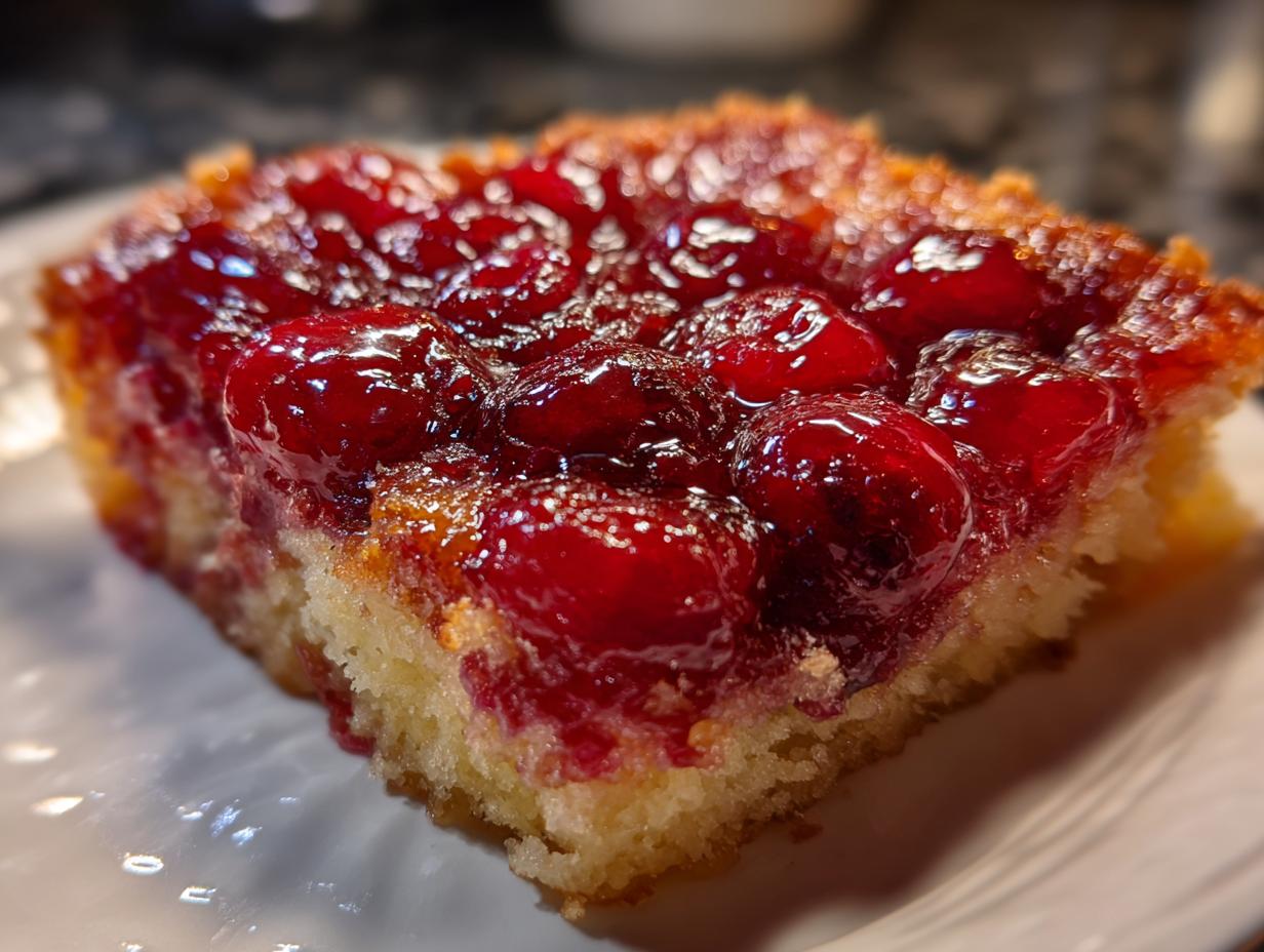 A moist, golden slice of cherry dump cake topped with glossy, whole cherries and syrup.