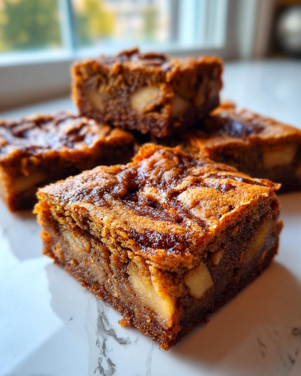 A close-up of several moist apple brownies, showing chunks of baked apple inside the rich brown batter.