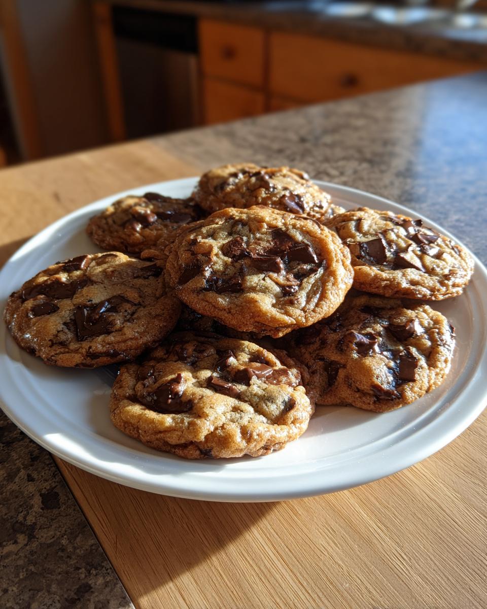 A plate piled high with freshly baked, chewy sourdough chocolate chip cookies featuring melted chocolate chunks.