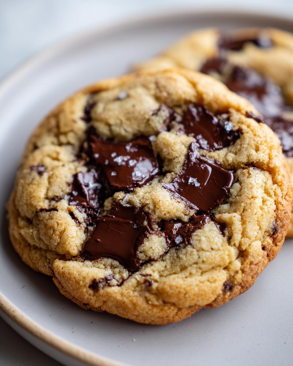 Close-up of a perfectly baked vegan chocolate chip cookie with melted dark chocolate chunks and sea salt.