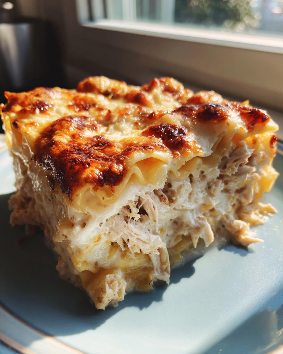 A close-up, cross-section view of a rich slice of chicken alfredo lasagna on a blue plate, showing layers of pasta and creamy chicken filling.