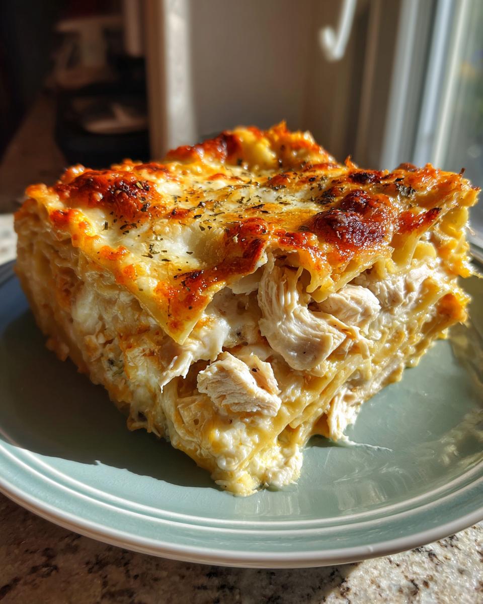 A thick, layered slice of rich chicken alfredo lasagna with shredded chicken and a golden, cheesy, baked top.