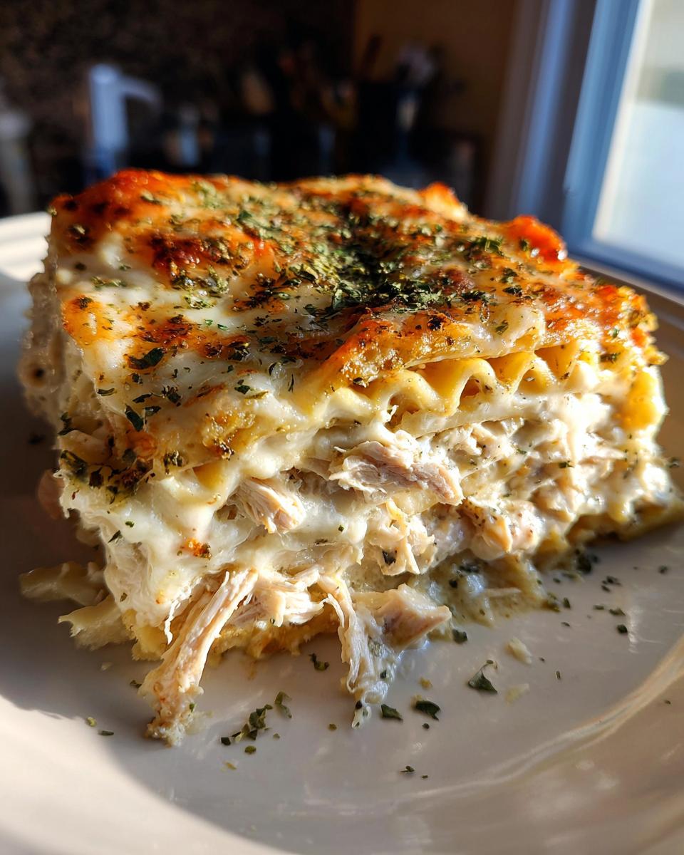A hearty slice of layered chicken alfredo lasagna showing shredded chicken and creamy sauce, topped with browned cheese and dried herbs.