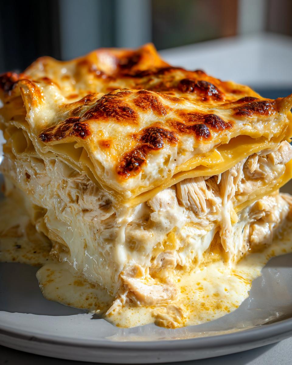 A thick, gooey slice of chicken alfredo lasagna with a browned, cheesy top layer spilling sauce.