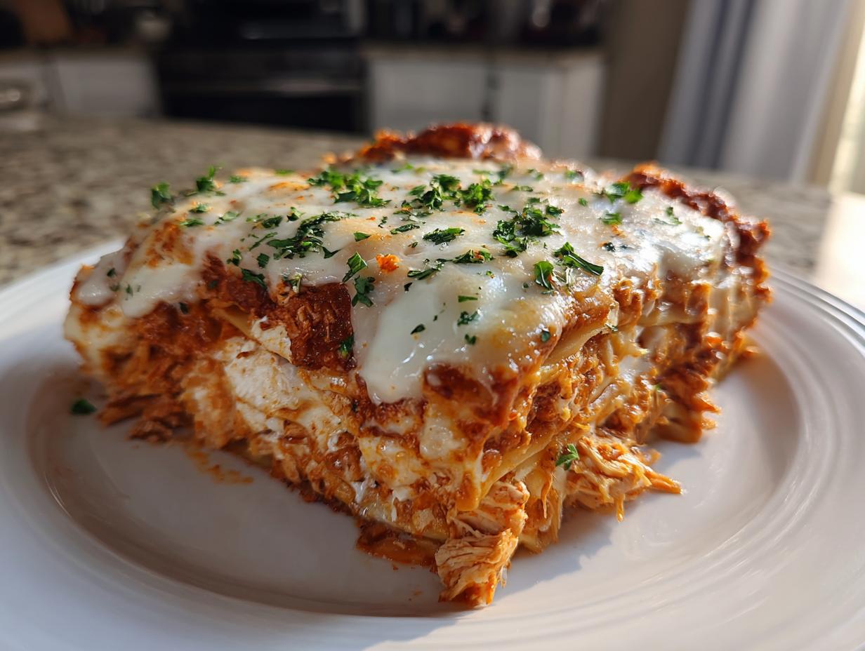 A generous slice of rich chicken alfredo lasagna, layered with sauce and topped with melted cheese and parsley.