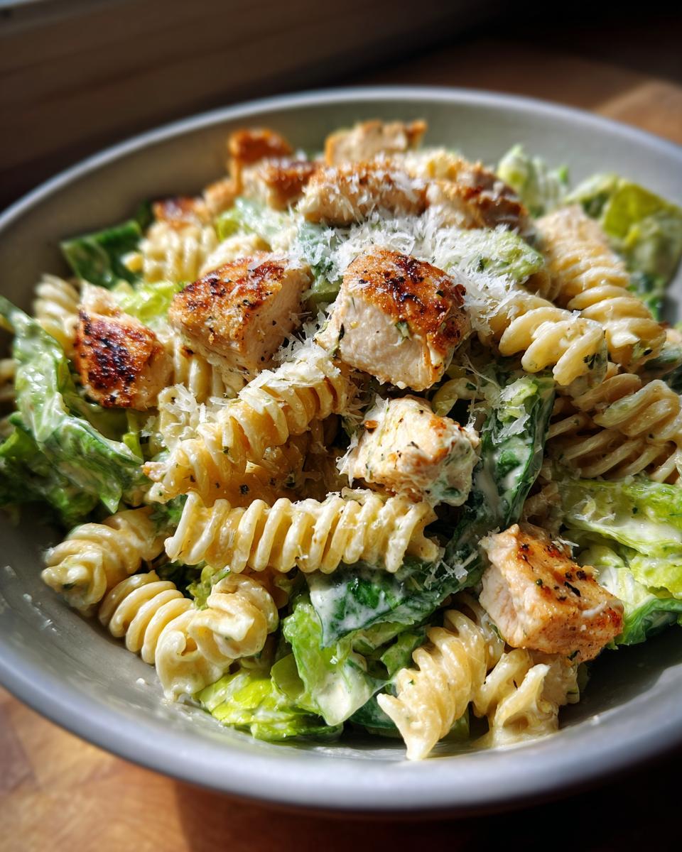 A close-up of a bowl filled with creamy chicken caesar pasta salad featuring fusilli pasta, grilled chicken chunks, and romaine lettuce.