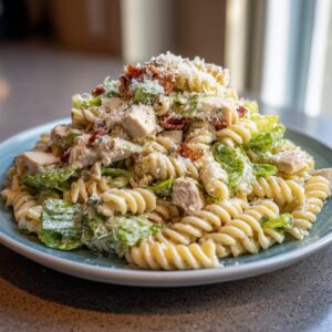 A close-up of a generous serving of chicken caesar pasta salad featuring fusilli pasta, chicken chunks, romaine lettuce, and parmesan cheese.