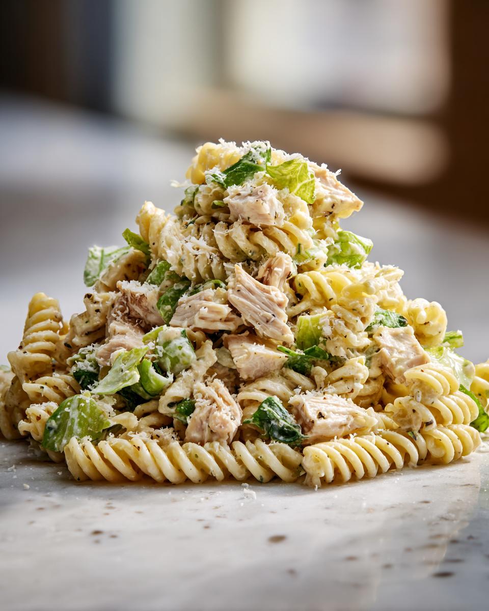 A mound of creamy chicken caesar pasta salad made with rotini pasta, chunks of chicken, and lettuce, topped with grated parmesan.