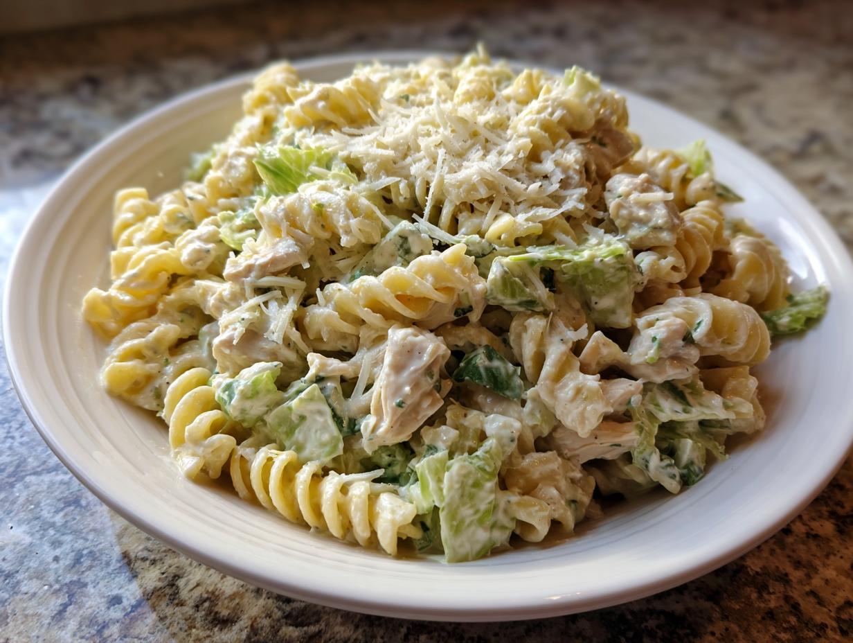 A close-up of a creamy chicken caesar pasta salad featuring rotini pasta, shredded chicken, and crisp lettuce, topped with Parmesan cheese.