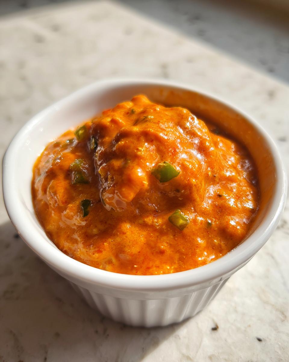 Close-up of rich, orange chili cheese dip with visible green pepper pieces in a white ramekin.
