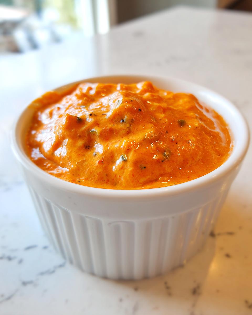 Close-up of creamy, orange chili cheese dip served in a small white ramekin on a marble surface.