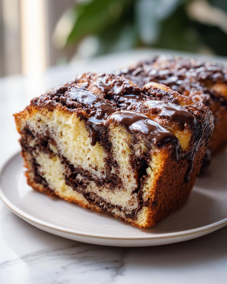 Close-up of a moist slice of chocolate babka showing beautiful swirls and a thick chocolate glaze.