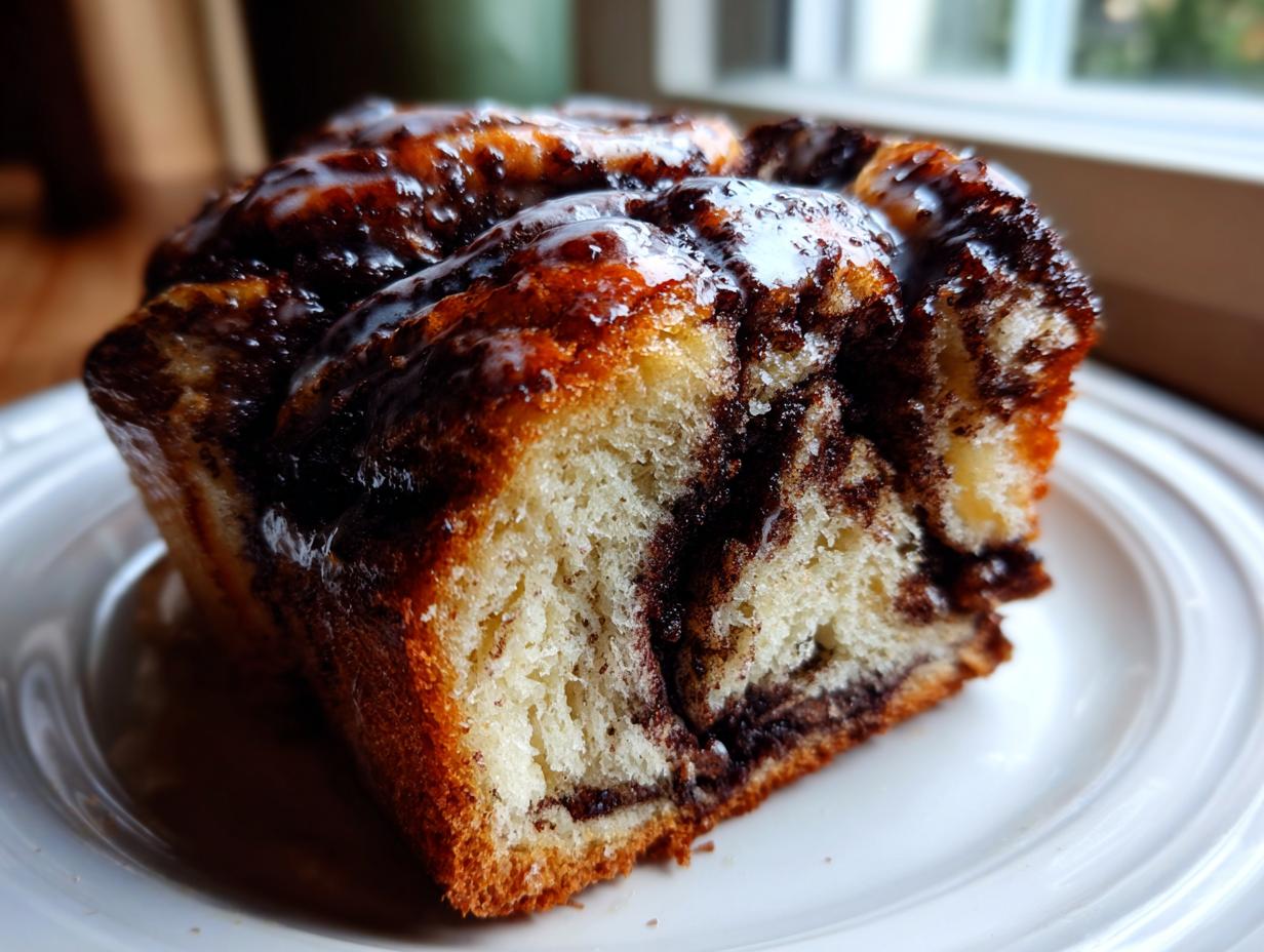 A close-up of a slice of rich chocolate babka bread, showing the swirl pattern and glossy white glaze.