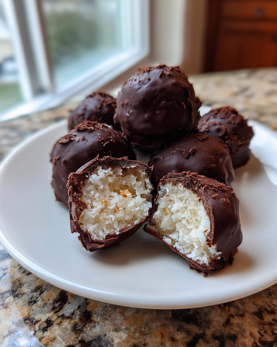 A plate of homemade almond joy truffles, with one cut in half showing the shredded coconut filling inside the dark chocolate coating.