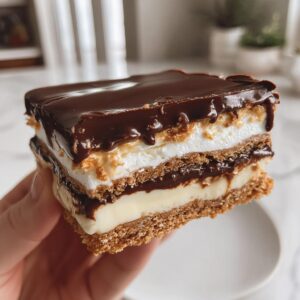 Close-up of a layered slice of chocolate eclair cake held by hand, showing graham cracker, pudding, cream, and chocolate glaze.
