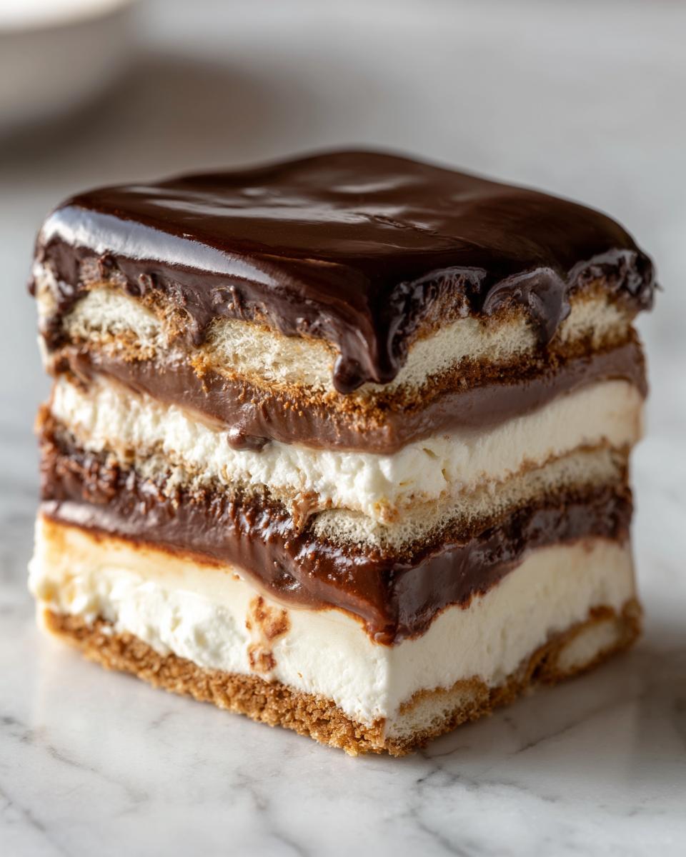 A perfect square slice of chocolate eclair cake showing layers of graham crackers, cream, and rich chocolate pudding topping.