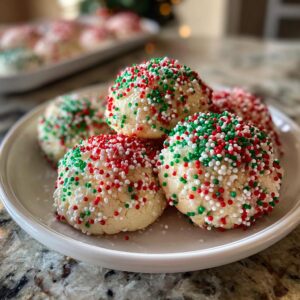 A close-up of several soft christmas sprinkle sugar cookies covered in red, green, and white nonpareils on a white plate.