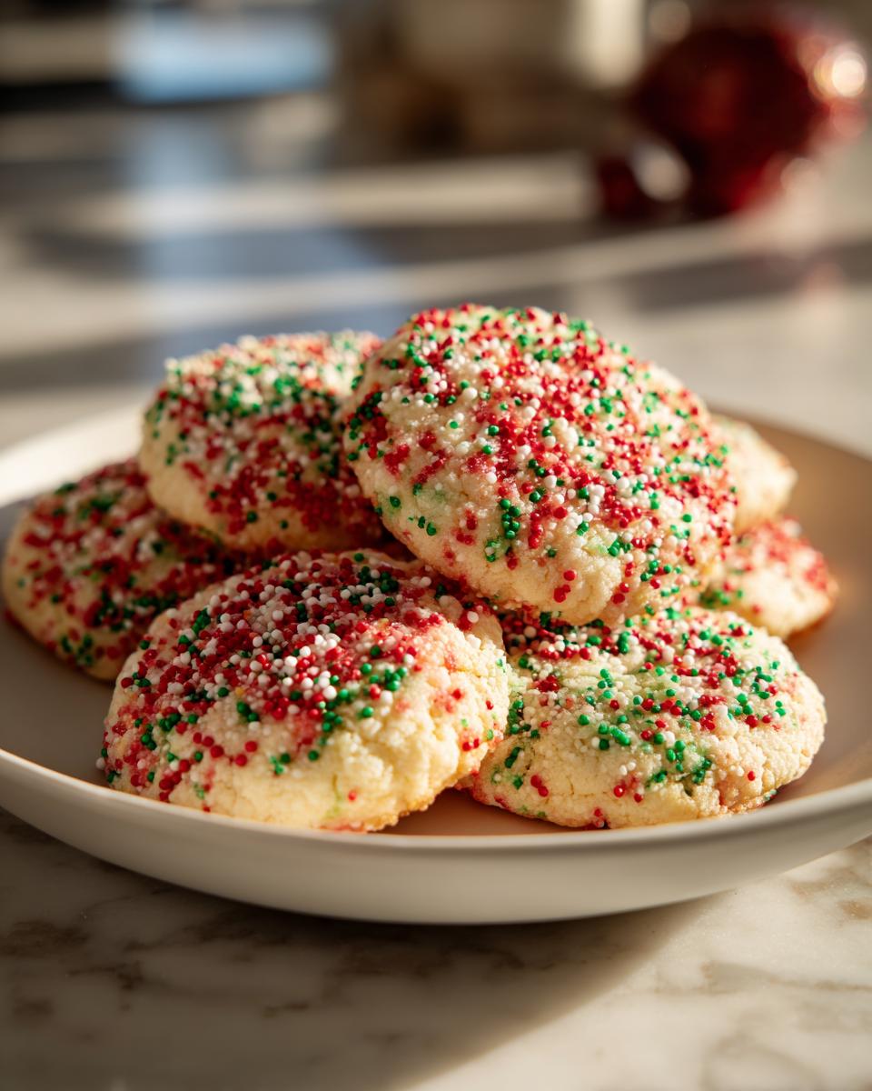 A close-up of several soft christmas sprinkle sugar cookies covered in red, white, and green nonpareils.