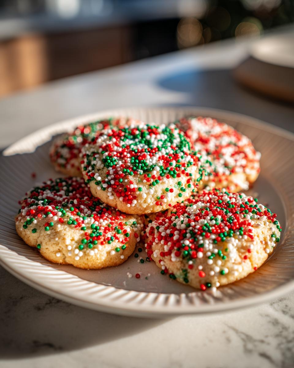 Close-up of several soft christmas sprinkle sugar cookies covered in red, green, and white nonpareils on a white plate.