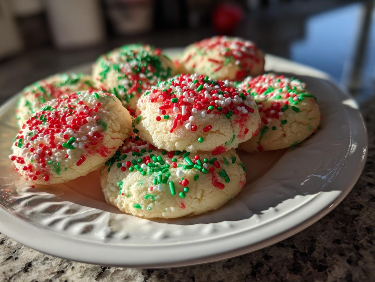 A close-up of several soft, round christmas sprinkle sugar cookies topped with red, green, and white sprinkles on a white plate.