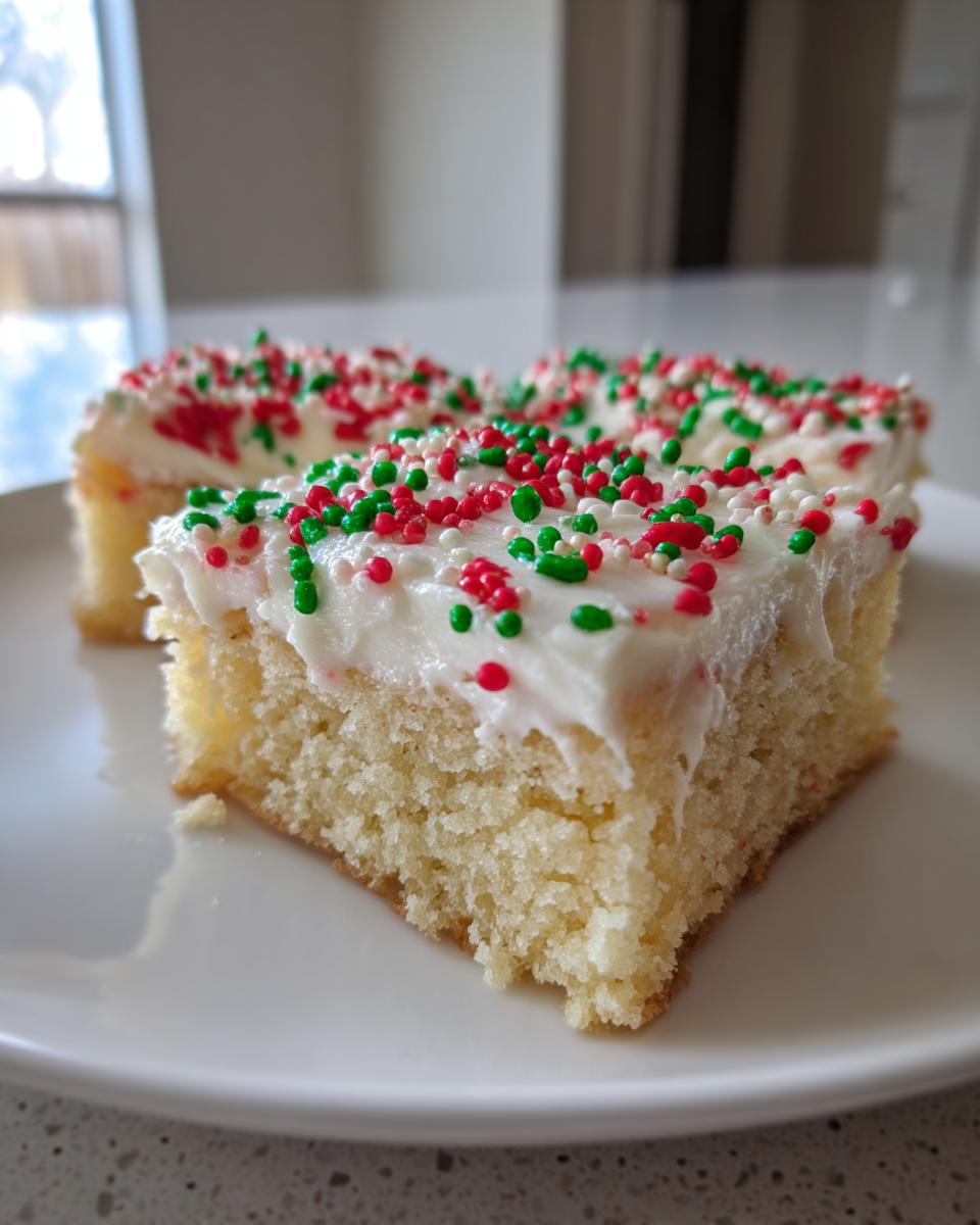 A close-up of a square slice of soft christmas sugar cookie bars topped with white frosting and red and green sprinkles.