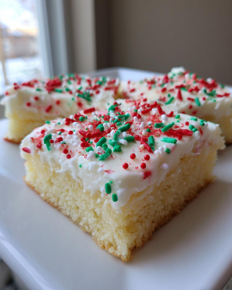 Close-up of three slices of soft christmas sugar cookie bars topped with white frosting and red, green, and white sprinkles.