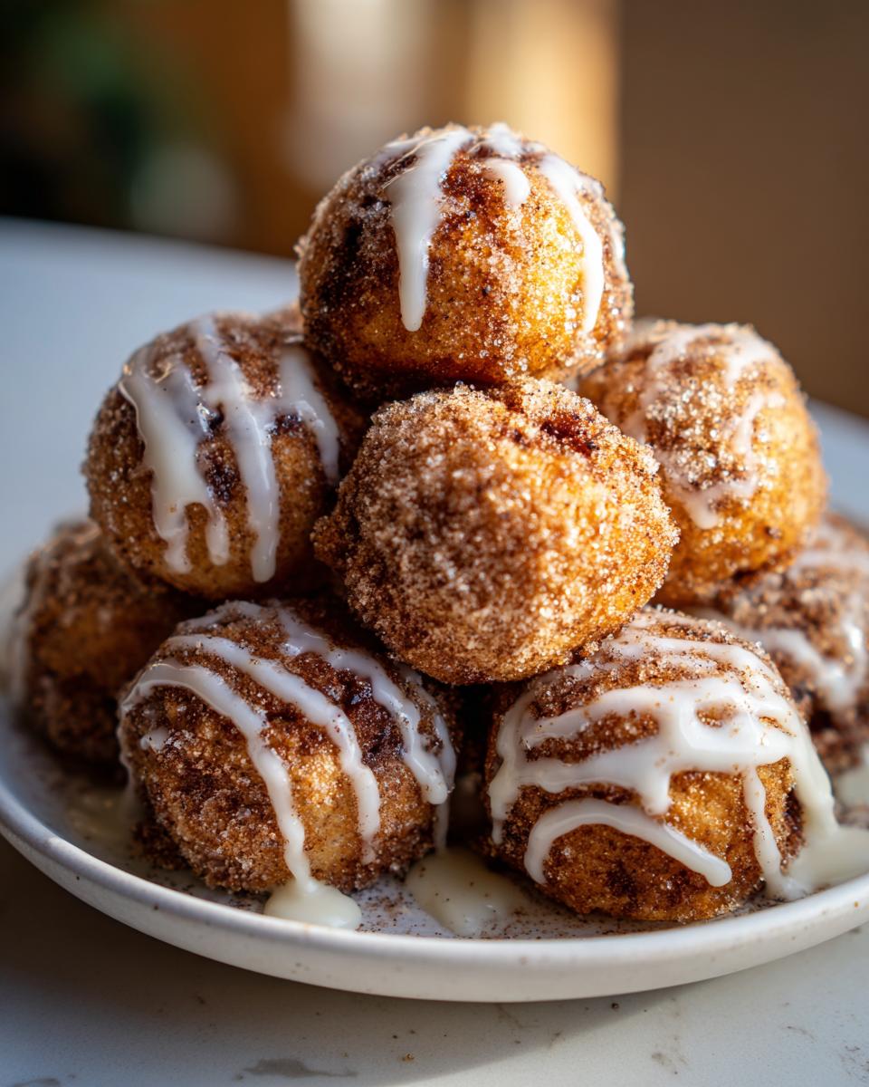A stack of freshly made cinnamon roll bites coated in cinnamon sugar and drizzled with white icing.