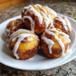 A close-up of several golden brown cinnamon roll bites drizzled generously with white icing on a white plate.