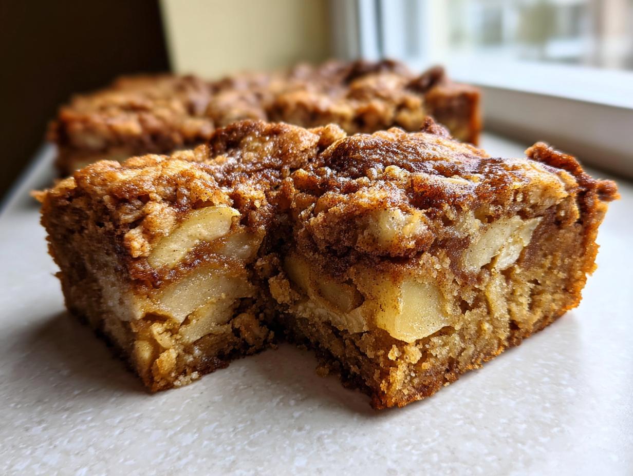 Two squares of moist apple brownies showing chunks of baked apple and a cinnamon streusel topping.