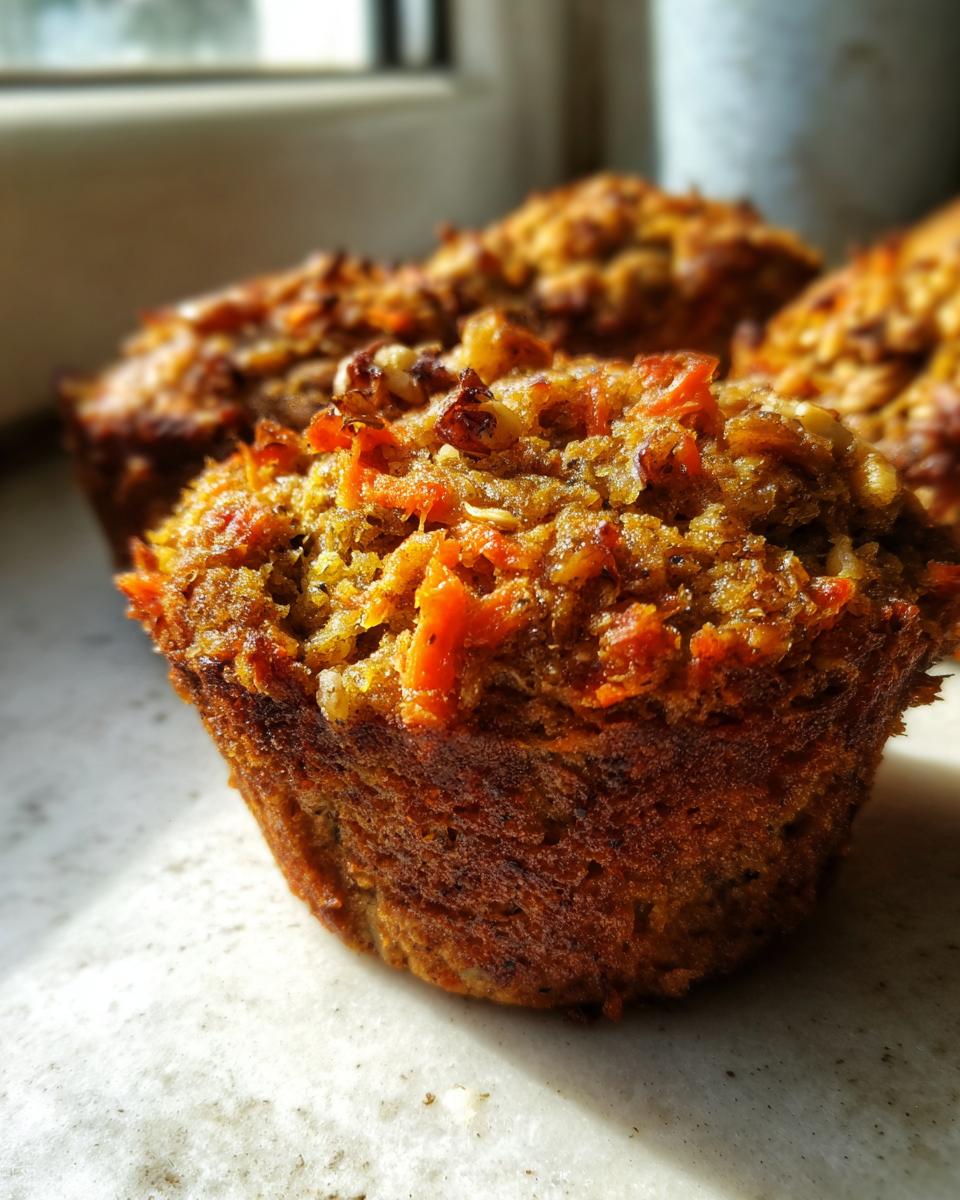 A close-up, sunlit view of a freshly baked morning glory muffin showing shredded carrots and nuts on top.