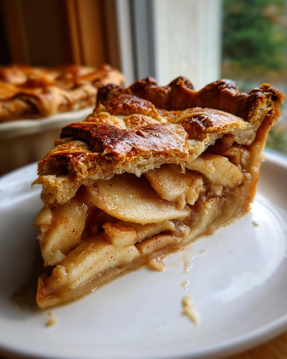 A close-up, cross-section view of a thick slice of homemade apple tart showing flaky crust and cinnamon-spiced apple filling.