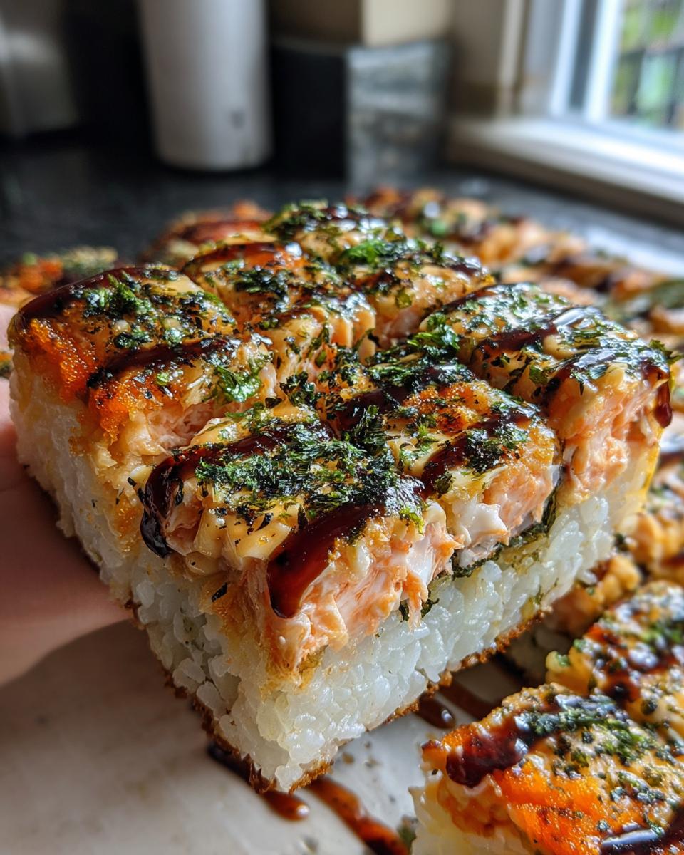A thick, square slice of baked salmon sushi bake being held, showing layers of rice and creamy topping.