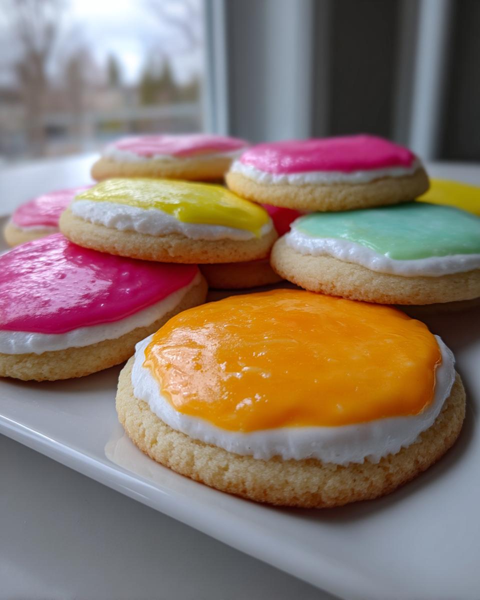 A pile of round sugar cookies topped with thick, brightly colored sugar cookie icing that hardens, featuring orange, pink, yellow, and mint green.